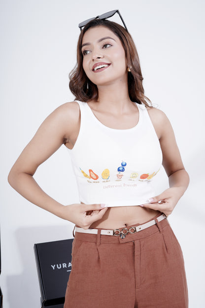 White Fruit Print Crop Top