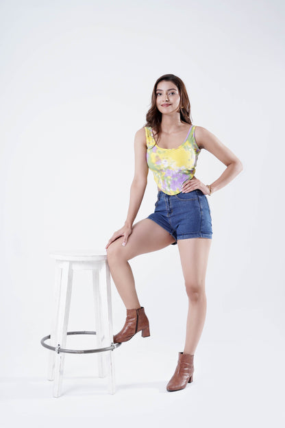 Block Printed Pure Cotton Top + Yellow Rip Tie and Die Crop Top